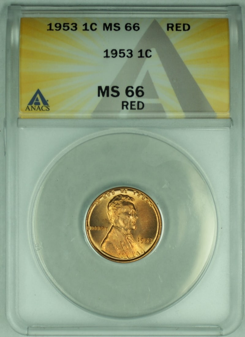 ANACS MS 66 Red 1953 Lincoln Wheat Cent Small Cent Coin: ANACS MS 66 Red 1953 Lincoln Wheat Cent Small Cent Coin This is a 1953 Lincoln Wheat Cent 1C coin from the United States, featuring the Wheat reverse design. The coin is uncirculated and has been grad