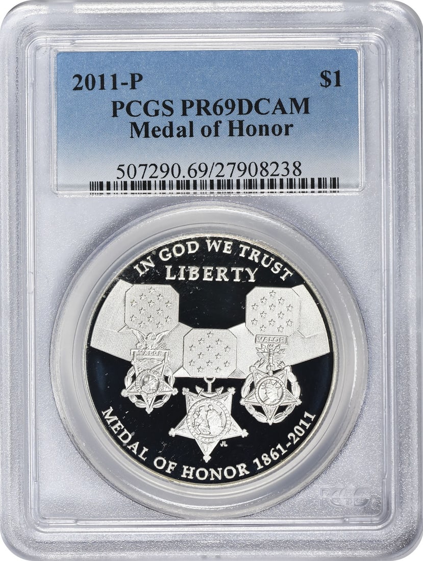 2011 Proof Silver Dollar Medal of Honor PCGS PR69DCAM Commemorative Coin: 2011 Proof Silver Dollar Medal of Honor PCGS PR69DCAM Commemorative Coin This 2011-P Medal of Honor Silver Commemorative Dollar is a proof coin graded PR69DCAM by PCGS. Struck at the Philadelphia Mint