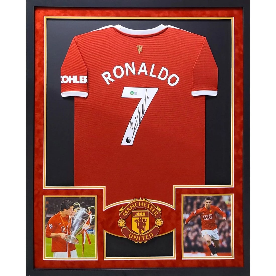 Framed Manchester United Jersey Signed by Cristiano Ronaldo Beckett Authenticated: Framed Manchester United Jersey Signed by Cristiano Ronaldo Beckett Authenticated This is a framed Manchester United jersey autographed by Cristiano Ronaldo. The jersey is authenticated by Beckett and