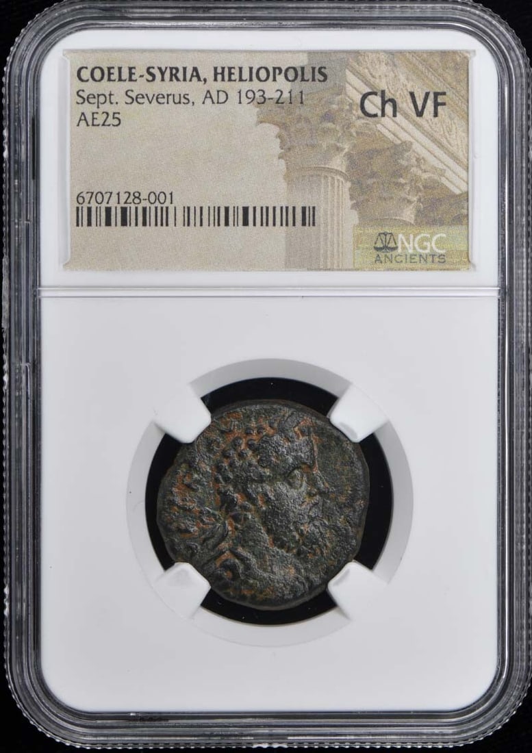 Septimius Severus AE25 Coin NGC VF30 Coele-Syria Heliopolis: Septimius Severus AE25 Coin NGC VF30 Coele-Syria Heliopolis This ancient coin features Septimius Severus, a Roman Emperor who ruled from AD 193 to 211. Struck in Coele-Syria, specifically Heliopolis,