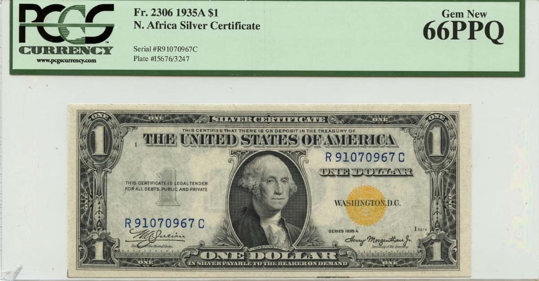 PCGS MS66 PPQ $1 North Africa 1935A Silver Certificate: PCGS MS66 PPQ $1 North Africa 1935A Silver Certificate This is a 1935A $1 North Africa Silver Certificate, graded MS66 by PCGS Currency with a PPQ (Premium Paper Quality) designation. The note is unci