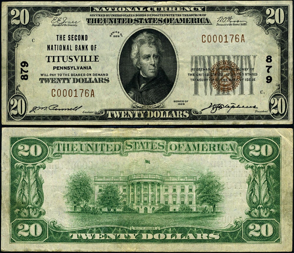1929 T-1 $20 National Bank Note Titusville PA Ch #879 VF+ (1 of 3)