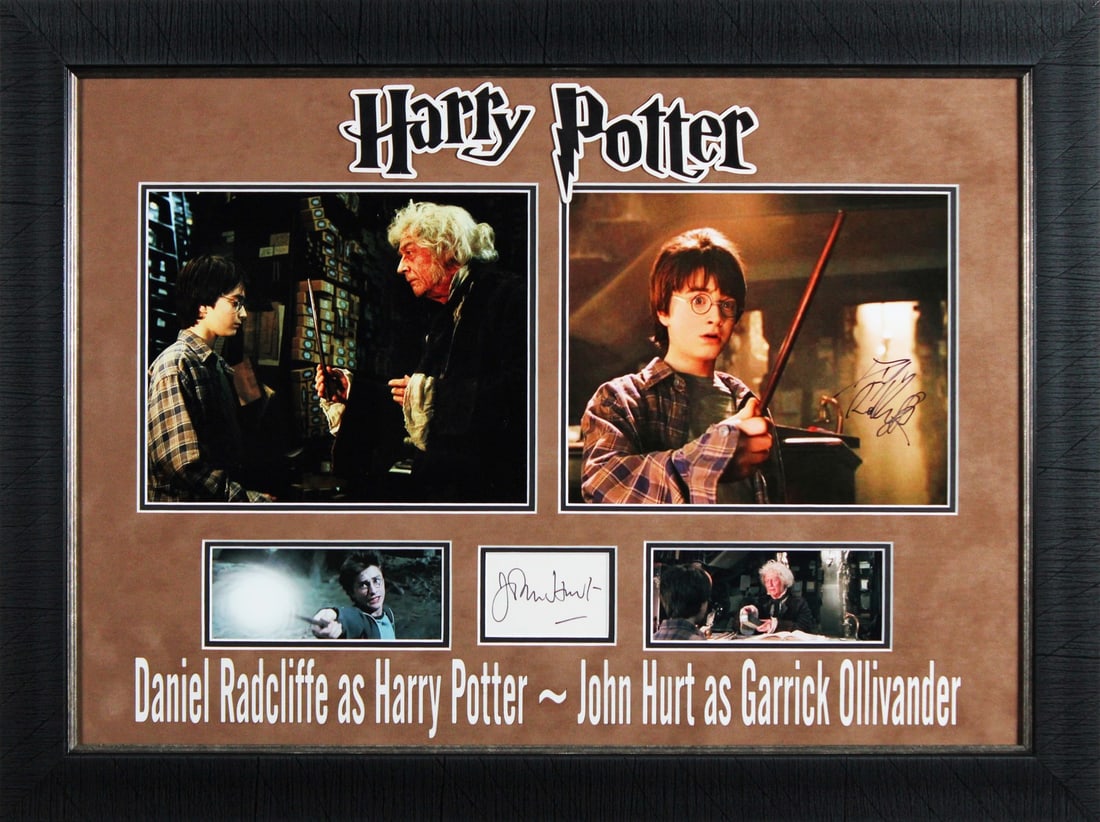 Daniel Radcliffe John Hurt Signed Harry Potter Framed Display Beckett COA: Daniel Radcliffe John Hurt Signed Harry Potter Framed Display Beckett COA This stunning autographed framed display features the signatures of Daniel Radcliffe and John Hurt, renowned stars of the Harr