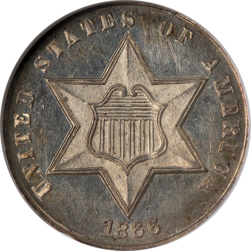 1866 Silver Three Cent Proof Coin NGC PF63 Certified: 1866 Silver Three Cent Proof Coin NGC PF63 Certified This 1866 Three Cent Silver coin is a proof issue, certified by NGC with a grade of PF63. It features a strong strike, attractive color, and appeal