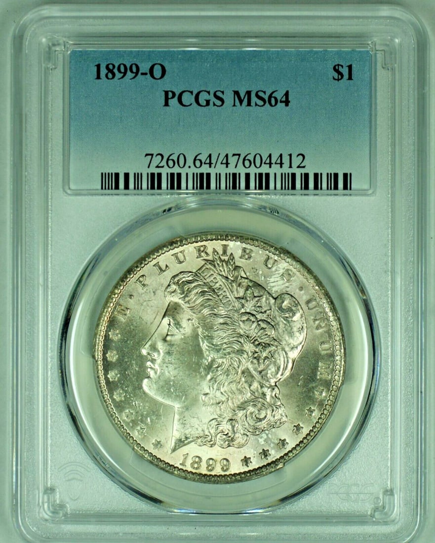 PCGS MS 64 1899-O Silver Morgan Dollar Uncirculated US Coin: PCGS MS 64 1899-O Silver Morgan Dollar Uncirculated US Coin This 1899-O Morgan Silver Dollar is certified by PCGS with a grade of MS 64. Composed of silver, this uncirculated coin originates from the