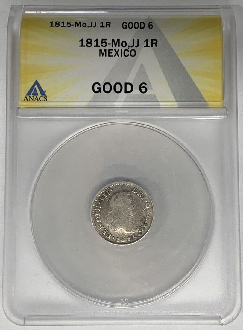 1815 Mexico 1 Real Silver Coin ANACS G 6 Colonial Era: 1815 Mexico 1 Real Silver Coin ANACS G 6 Colonial Era This 1815-Mo, JJ Mexico 1 Reale coin is certified by ANACS with a grade of G 6. Struck in silver during the Colonial period, the coin originates f