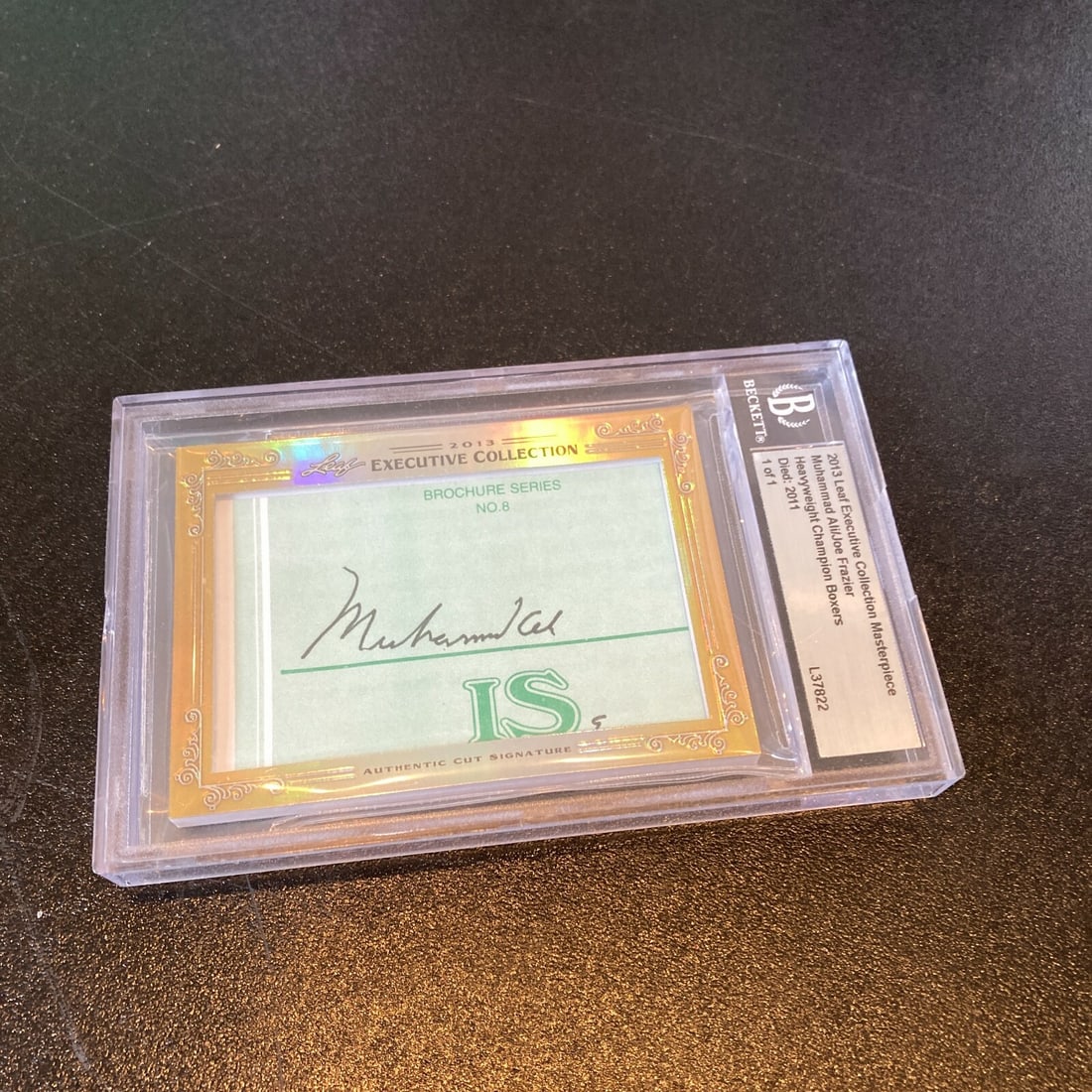 2013 Leaf Executive Masterpiece Muhammad Ali Joe Frazier Autographed 1/1 BGS: 2013 Leaf Executive Masterpiece Muhammad Ali Joe Frazier Autographed 1/1 BGS This unique 2013 Leaf Executive Masterpiece sports trading card features the legendary boxers Muhammad Ali and Joe Frazier,