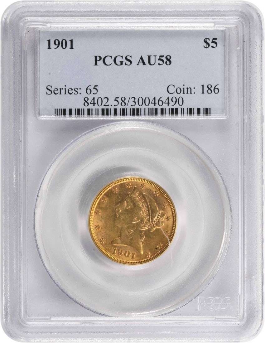 1901 $5 Gold Liberty Head Coin AU58 PCGS Certified Philadelphia: 1901 $5 Gold Liberty Head Coin AU58 PCGS Certified Philadelphia This 1901 $5 Gold Liberty Head coin is a remarkable piece featuring the iconic design by Christian Gobrecht. Certified by PCGS with an A