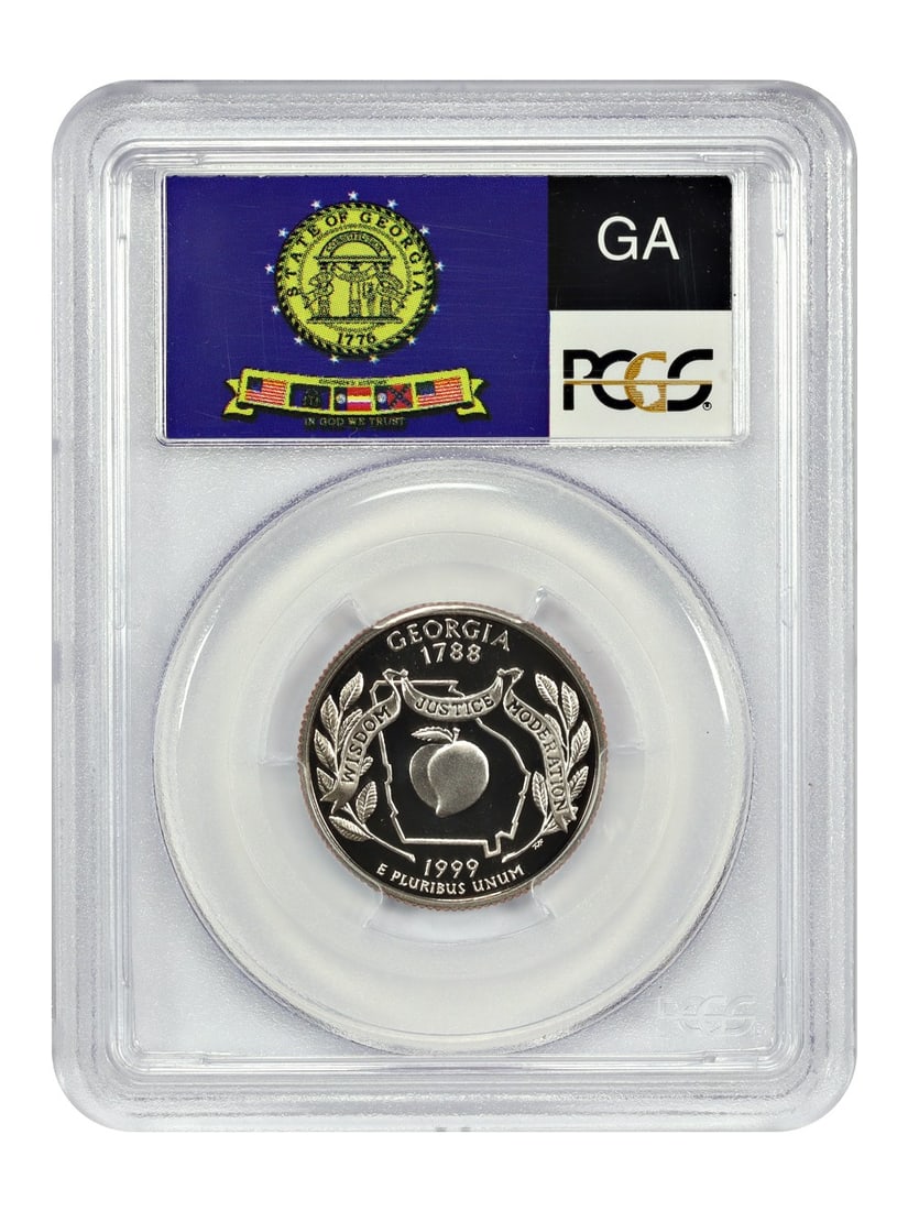 1999-S Washington Quarter PCGS PR70DCAM Georgia Uncirculated: 1999-S Washington Quarter PCGS PR70DCAM Georgia Uncirculated This 1999-S 25C Washington 50 States Quarter is certified by PCGS with a remarkable grade of PR70DCAM, indicating it is in pristine conditi