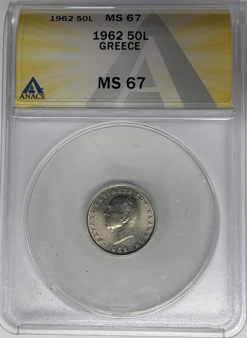 ANACS MS 67 graded 1962 Greece 50 Lepta copper-nickel coin: ANACS MS 67 graded 1962 Greece 50 Lepta copper-nickel coin This 1962 Greece 50 Lepta coin is composed of copper-nickel and has been certified by ANACS with a grade of MS 67. The coin is uncirculated a