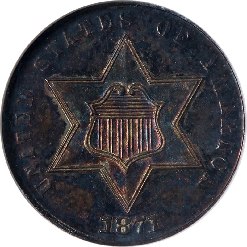 1871 Silver Three Cent Proof Coin NGC PF63 Strong Strike: 1871 Silver Three Cent Proof Coin NGC PF63 Strong Strike This 1871 Three Cent Silver Proof coin is certified by NGC with a grade of PF63. Struck in 90% silver, it features strong strike details, attra