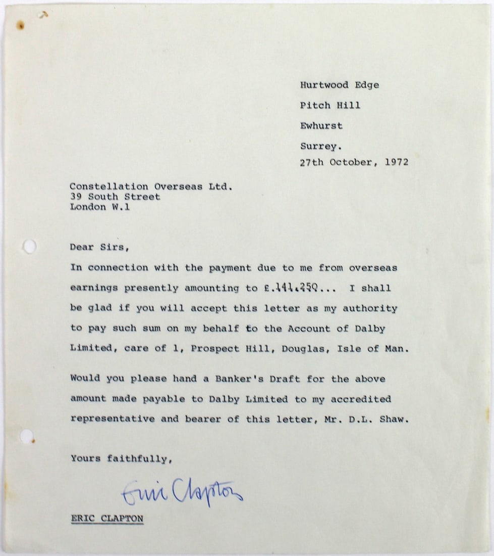 Eric Clapton Signed Letter 8x9 October 27 1972 BAS Authentication (1 of 9)