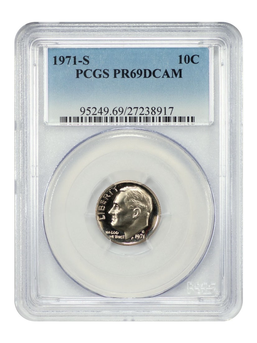 PCGS PR69DCAM 1971-S Roosevelt Dime Proof 10C San Francisco: PCGS PR69DCAM 1971-S Roosevelt Dime Proof 10C San Francisco This is a 1971-S Roosevelt Dime graded PR69DCAM by PCGS. It is an uncirculated proof coin struck at the San Francisco Mint, featuring a deep