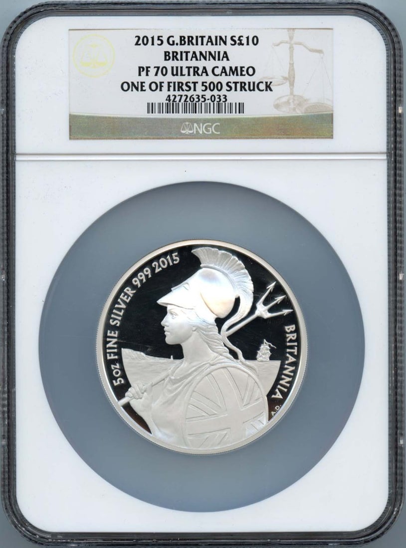 2015 Britannia S10PND NGC PR70 Proof Coin from United Kingdom: 2015 Britannia S10PND NGC PR70 Proof Coin from United Kingdom This 2015 Great Britain Britannia S10PND coin is graded PR70DCAM by NGC, indicating a flawless, un-used proof condition. It is certified w
