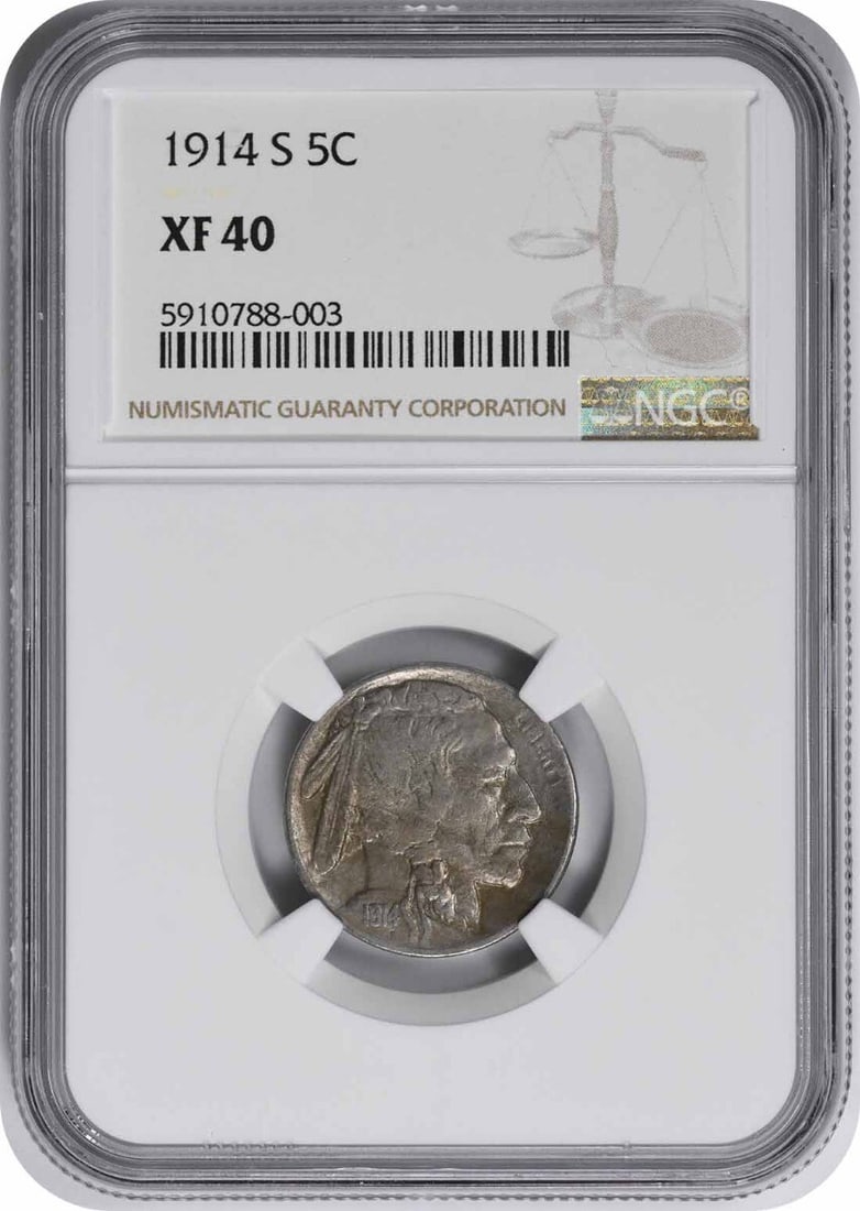 1914-S Buffalo Nickel NGC XF40 S/S RPM 1 Coin: 1914-S Buffalo Nickel NGC XF40 S/S RPM 1 Coin This 1914-S Buffalo Nickel, designated as S/S RPM 1, is graded XF40 by NGC, indicating a well-preserved circulated condition. The coin features the iconic