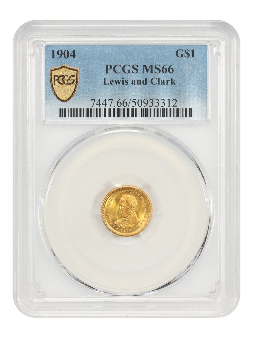 1904 Lewis and Clark Gold Dollar PCGS MS66 Classic Commemorative Coin: 1904 Lewis and Clark Gold Dollar PCGS MS66 Classic Commemorative Coin This 1904 Lewis and Clark $1 gold coin is a classic gold commemorative, certified by PCGS with a grade of MS66. Struck at the Phil