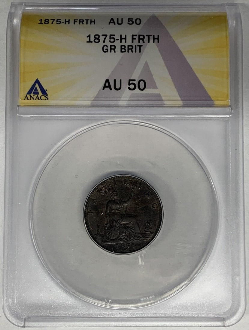 1875-H United Kingdom Copper 1/4 Penny Coin ANACS AU 50 Certified: 1875-H United Kingdom Copper 1/4 Penny Coin ANACS AU 50 Certified This 1875-H Great Britain FRTH 1/4 Penny coin is made from copper and graded AU 50 by ANACS. Issued by the United Kingdom, this pre-ow