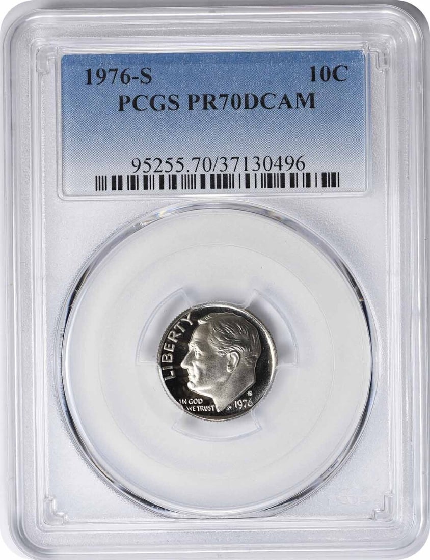 1976-S Roosevelt Dime PR70DCAM PCGS San Francisco Mint: 1976-S Roosevelt Dime PR70DCAM PCGS San Francisco Mint This 1976-S Roosevelt Dime is a stunning piece, graded PR70DCAM by PCGS, indicating its exceptional quality and flawless surface. Produced at the