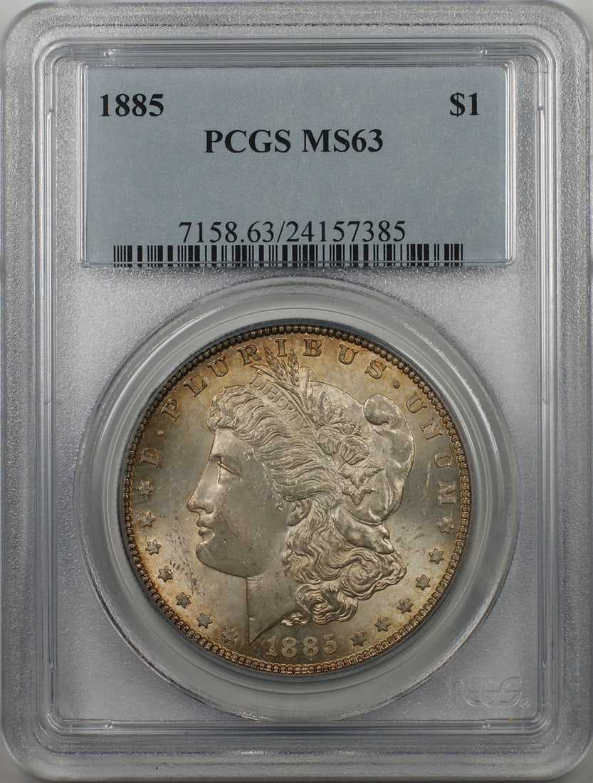 PCGS MS63 1885 Toned Morgan Dollar Silver Coin Philadelphia Mint: PCGS MS63 1885 Toned Morgan Dollar Silver Coin Philadelphia Mint This is an 1885 Morgan Silver Dollar coin from the United States, minted in Philadelphia. Certified by PCGS with a grade of MS 63, this