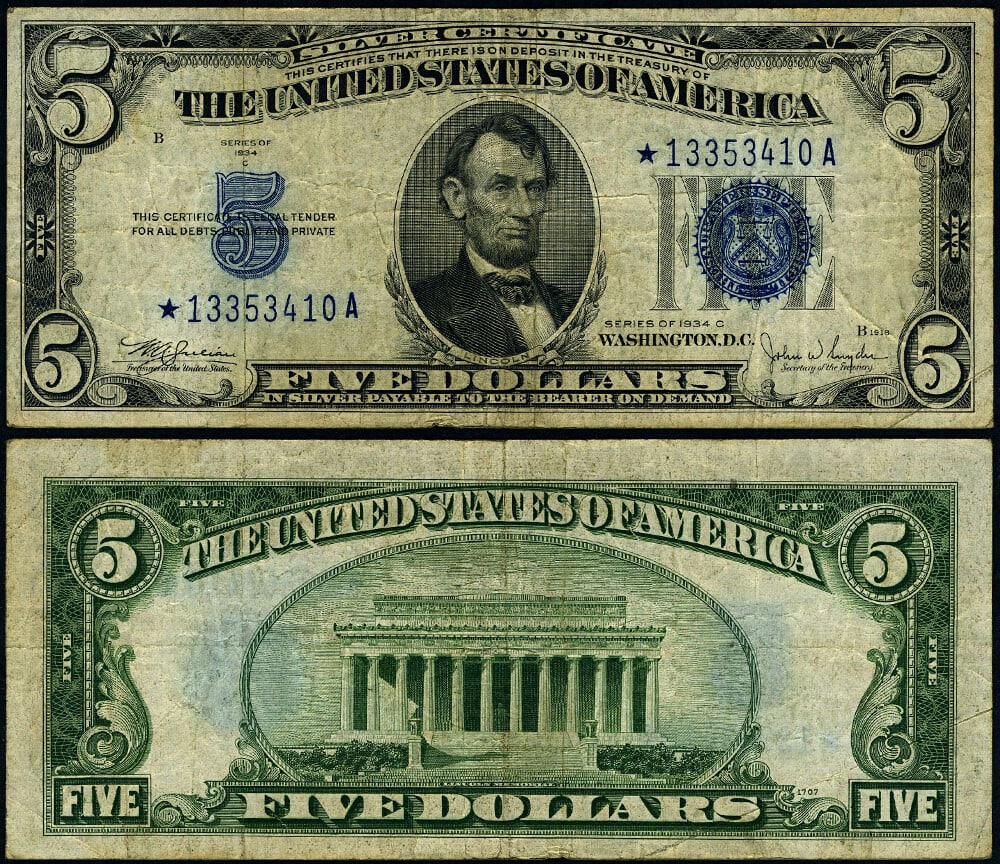 1934-C $5 Silver Certificate Star Note Non-Mule *-A Block VF: 1934-C $5 Silver Certificate Star Note Non-Mule *-A Block VF This is a FR. 1653* $5 1934-C Silver Certificate, designated as a Non-Mule *-A Block Star note. The bill is in very fine (VF) circulated co