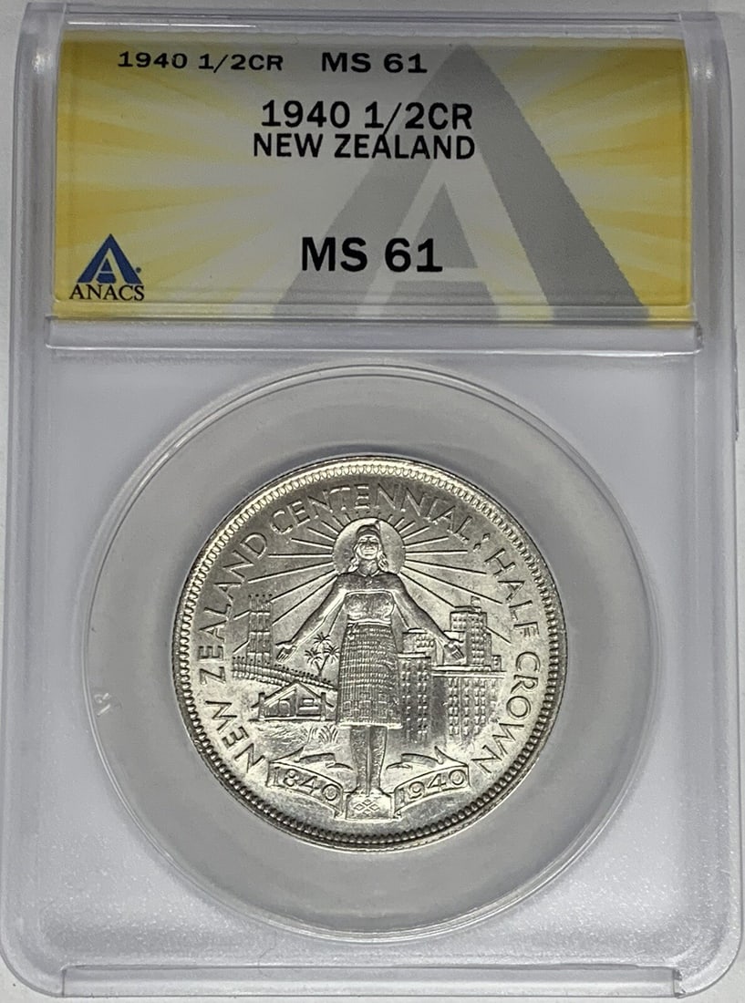 1940 Silver Half Crown from New Zealand ANACS MS61 Certified: 1940 Silver Half Crown from New Zealand ANACS MS61 Certified This is a 1940 New Zealand 1/2 Crown coin certified by ANACS with a grade of MS 61. The coin is uncirculated and composed of silver, making