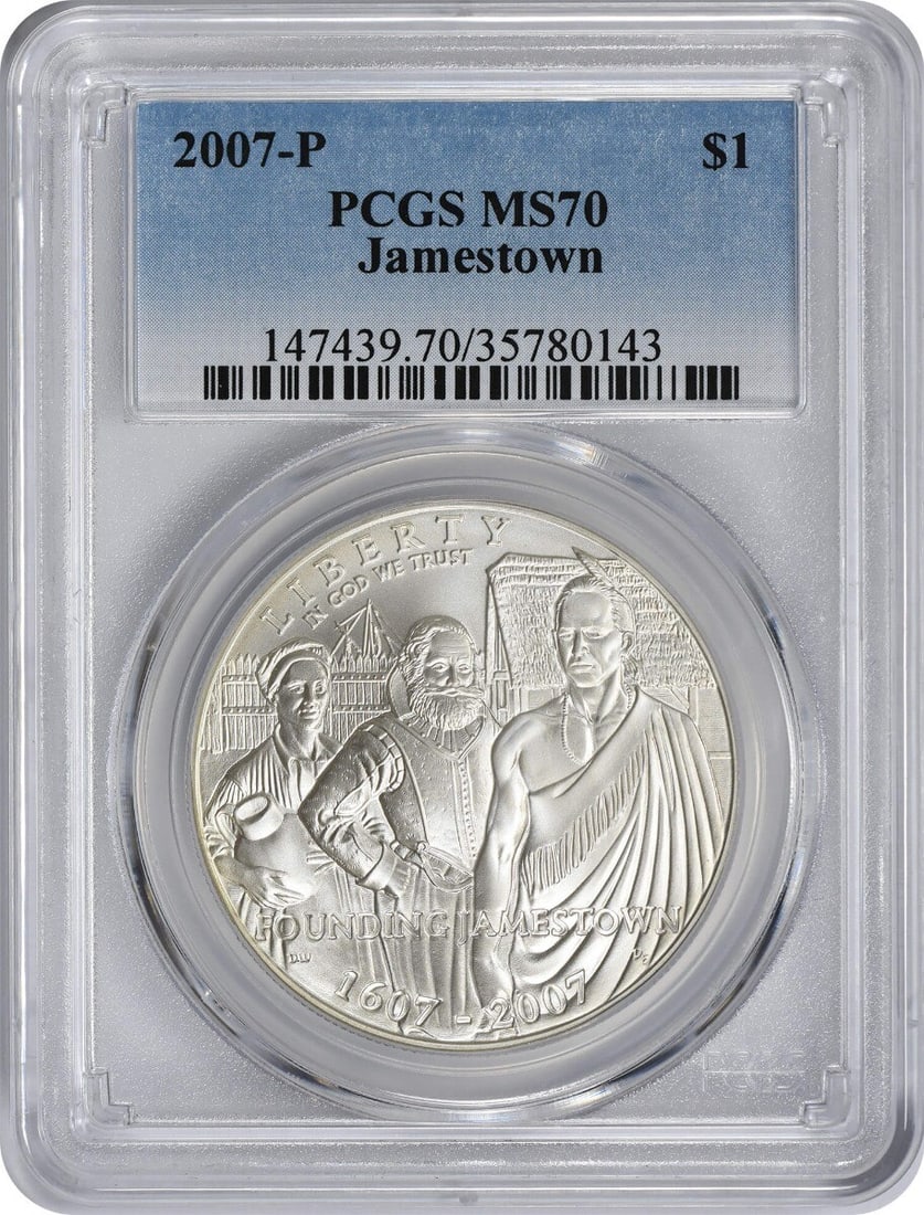 MS70 PCGS 2007-P United States Jamestown Silver Dollar Commemorative: MS70 PCGS 2007-P United States Jamestown Silver Dollar Commemorative This 2007-P Jamestown Silver Commemorative Dollar is a United States coin graded MS70 by PCGS. It features a proof strike and is co