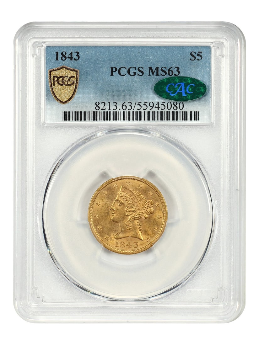 PCGS CAC MS63 1843 Liberty Head $5 Gold Coin Philadelphia Mint (1 of 4)