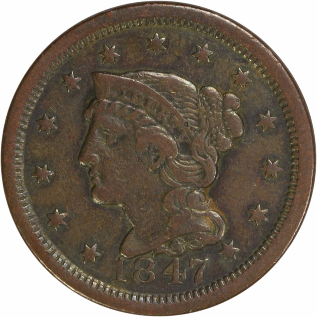 1847 Large Cent Braided Hair Christian Gobrecht Copper Coin: 1847 Large Cent Braided Hair Christian Gobrecht Copper Coin This 1847 Large Cent features a classic Braided Hair design crafted by renowned engraver Christian Gobrecht. Struck at the Philadelphia mint