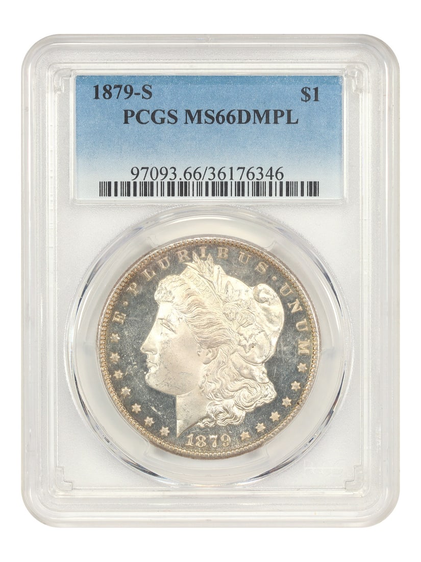 PCGS MS66DMPL 1879-S Morgan Silver Dollar Uncirculated San Francisco Mint: PCGS MS66DMPL 1879-S Morgan Silver Dollar Uncirculated San Francisco Mint This is an 1879-S Morgan Dollar graded MS66DMPL by PCGS, indicating a superb gem uncirculated coin with deep mirror proof-like