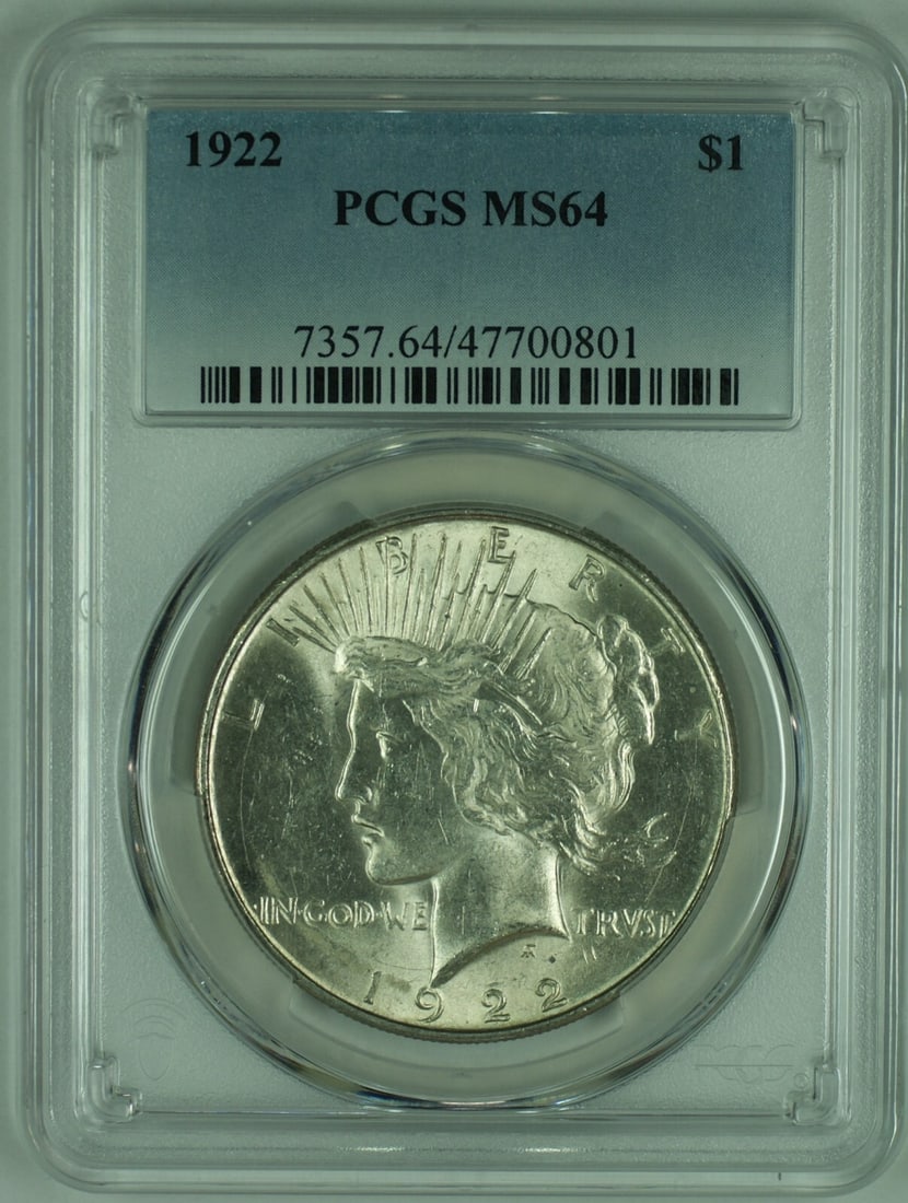 Four 1922 Peace Silver Dollars PCGS MS 64 Certified Uncirculated Coins: Four 1922 Peace Silver Dollars PCGS MS 64 Certified Uncirculated Coins This is a 1922 Peace Silver $1 Dollar Coin, certified by PCGS with a grade of MS 64. The coin is uncirculated and composed of sil