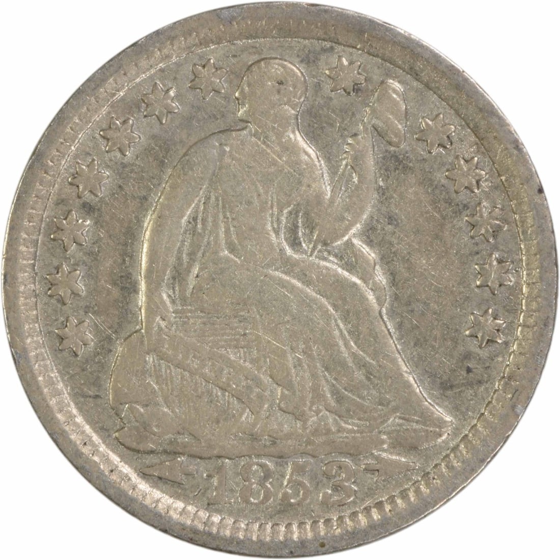 1853 Liberty Seated Half Dime 90% Silver Uncertified Coin: 1853 Liberty Seated Half Dime 90% Silver Uncertified Coin This 1853 Liberty Seated Silver Half Dime features the classic design by Christian Gobrecht and is a notable piece of American numismatic hist