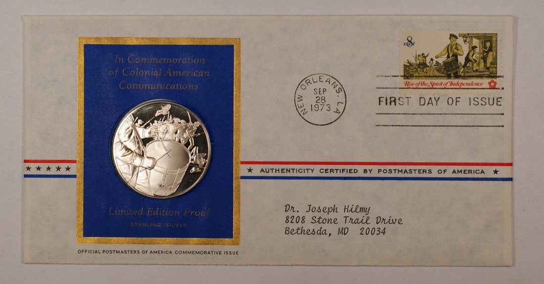 Sterling Silver 1973 Postmasters of America Colonial Communications Medal: Sterling Silver 1973 Postmasters of America Colonial Communications Medal This 1973 Postmasters of America Commemorative Medal honors Colonial Communications. Struck in sterling silver with a fineness