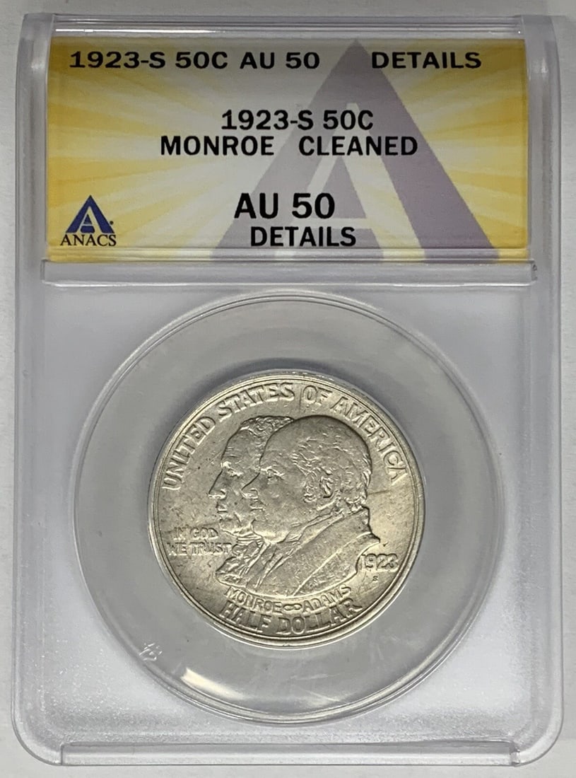 1923-S Silver Monroe Half Dollar ANACS Certified AU 50 Cleaned: 1923-S Silver Monroe Half Dollar ANACS Certified AU 50 Cleaned This 1923-S Monroe Commemorative Half Dollar is a silver coin from the United States, issued as a commemorative piece. It has been graded