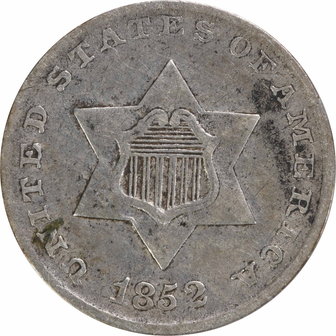 1852 Three Cent Silver Coin KM 75 Uncertified Philadelphia Mint: 1852 Three Cent Silver Coin KM 75 Uncertified Philadelphia Mint This 1852 Three Cent Silver coin, minted in Philadelphia, features a composition of 75% silver and 25% copper, reflecting its historical