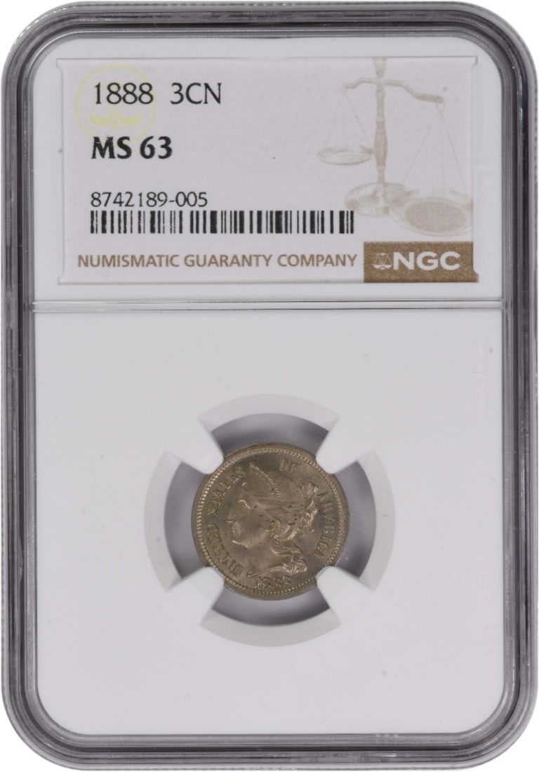 1888 Three Cent Nickel Coin Graded MS63 by NGC: 1888 Three Cent Nickel Coin Graded MS63 by NGC This 1888 Three Cent Nickel coin, graded MS63 by NGC, is an uncirculated example from the United States Mint in Philadelphia. Designed by James Barton Lo