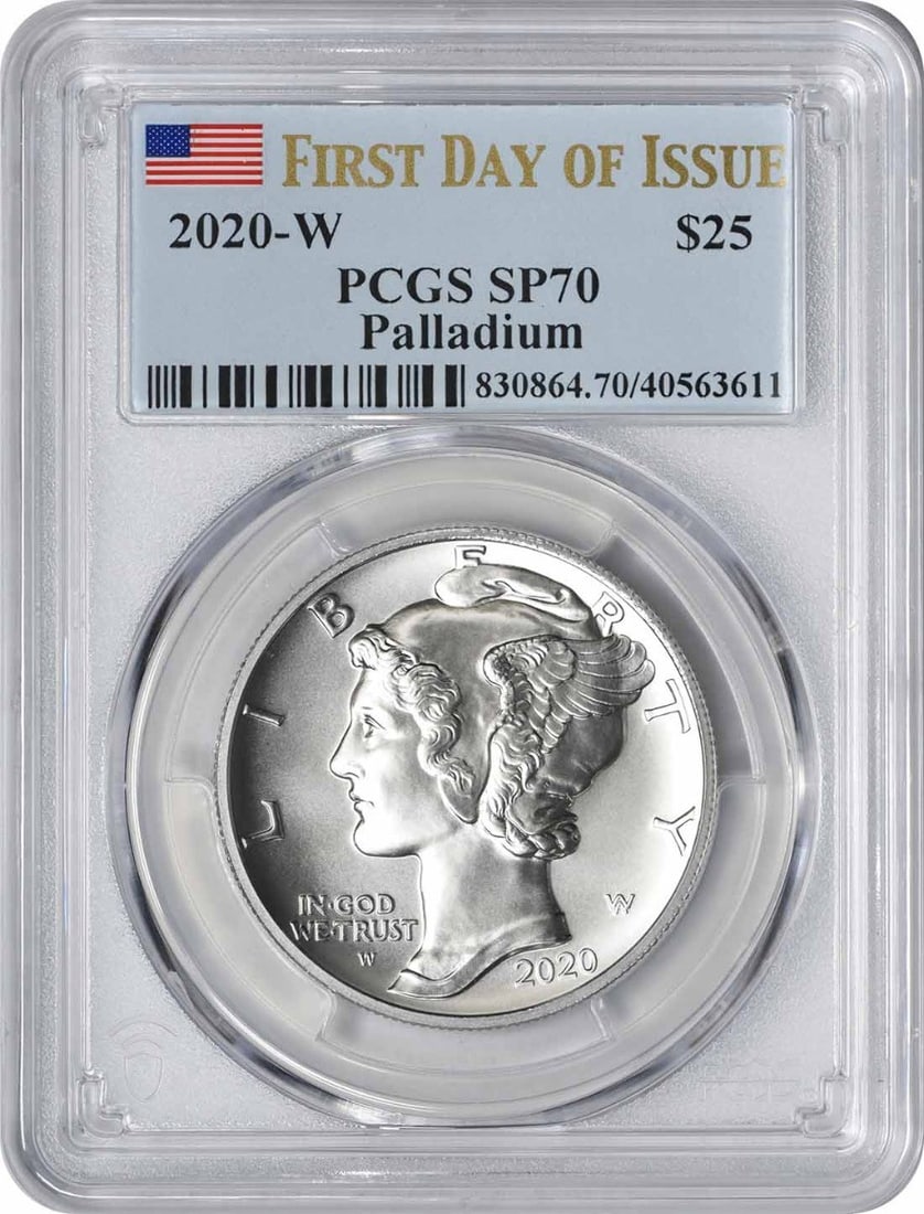 2020-W $25 American Palladium Eagle SP70 First Day of Issue PCGS: 2020-W $25 American Palladium Eagle SP70 First Day of Issue PCGS This stunning 2020-W $25 American Palladium Eagle coin is graded SP70 and is recognized as a First Day of Issue by PCGS. Crafted from h