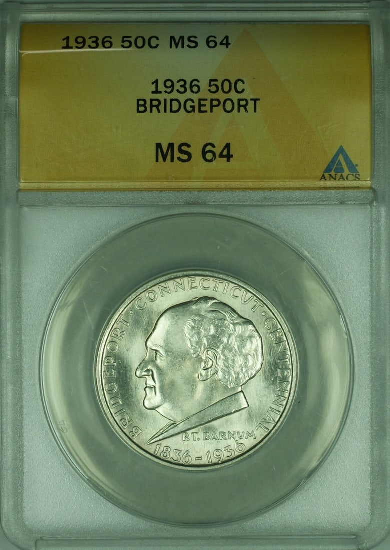 ANACS MS 64 1936 Bridgeport Silver Commemorative Half Dollar Coin: ANACS MS 64 1936 Bridgeport Silver Commemorative Half Dollar Coin This 1936 Bridgeport Commemorative Silver Half Dollar features a 50-cent denomination and was minted in Philadelphia. The coin is comp