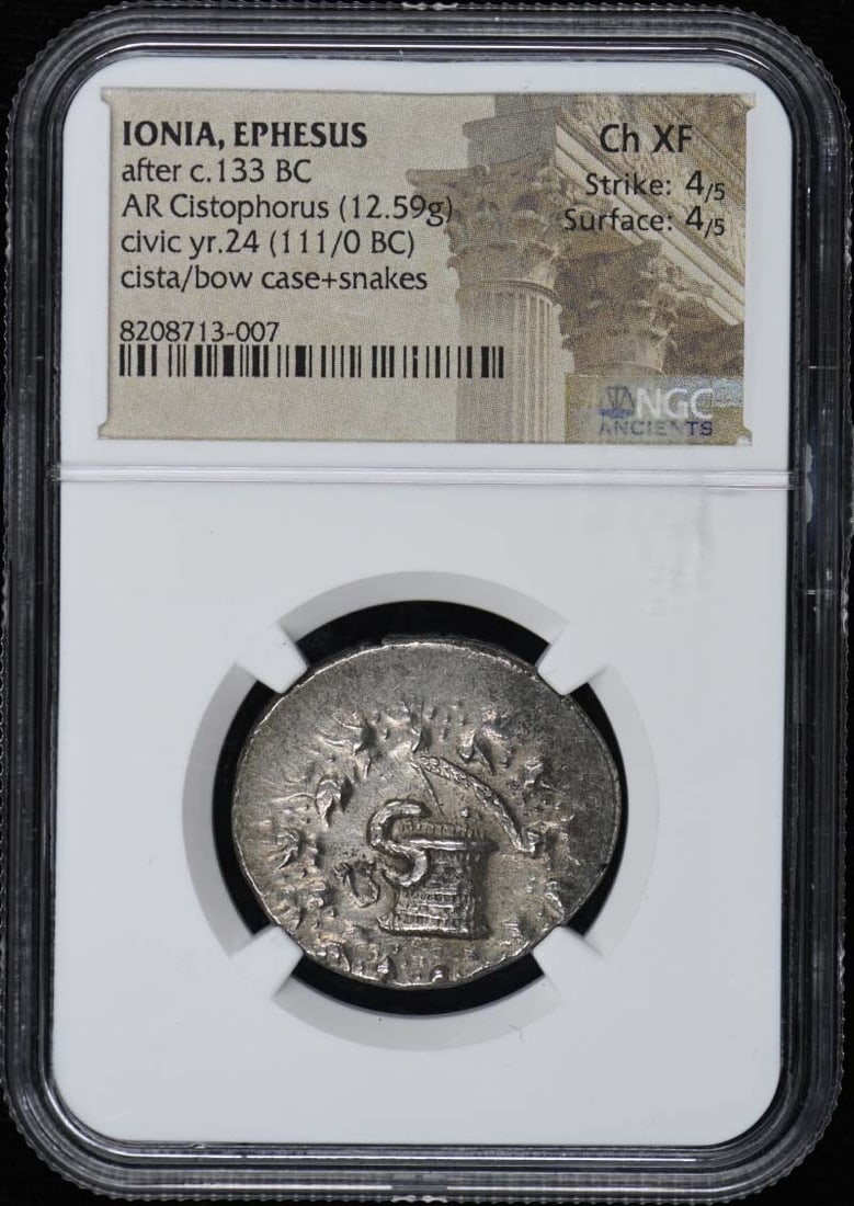 Ionia Ephesus Silver Cistophorus Ancient Coin NGC Certified Ch XF 12.59g: Ionia Ephesus Silver Cistophorus Ancient Coin NGC Certified Ch XF 12.59g This AR Cistophorus coin from Ionia, Ephesus, dates after circa 133 BC and has been graded Choice Extremely Fine (Ch XF) by NGC