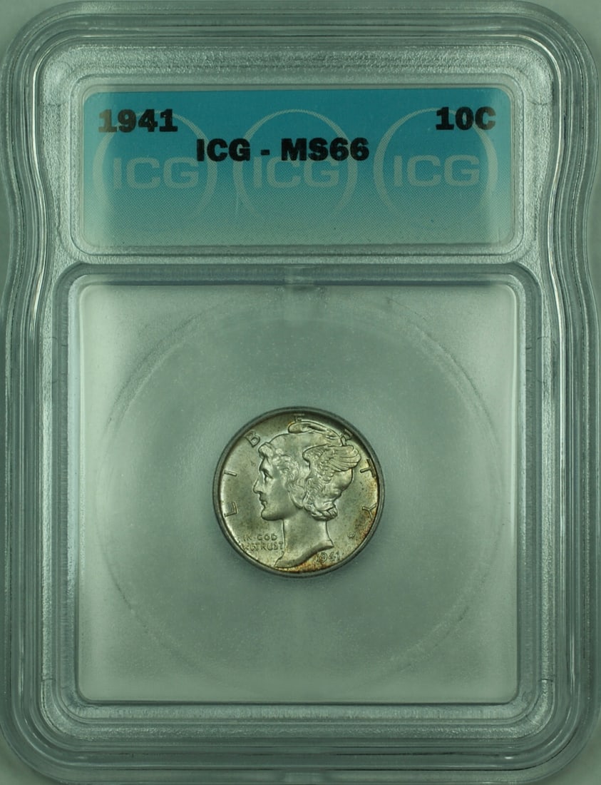 ICG Certified 1941 Mercury Silver Dime MS66 Philadelphia Toned 10 Cent Coin: ICG Certified 1941 Mercury Silver Dime MS66 Philadelphia Toned 10 Cent Coin This is a 1941 Mercury Silver Dime with a denomination of 10 cents, minted in Philadelphia. It is composed of 90% silver and