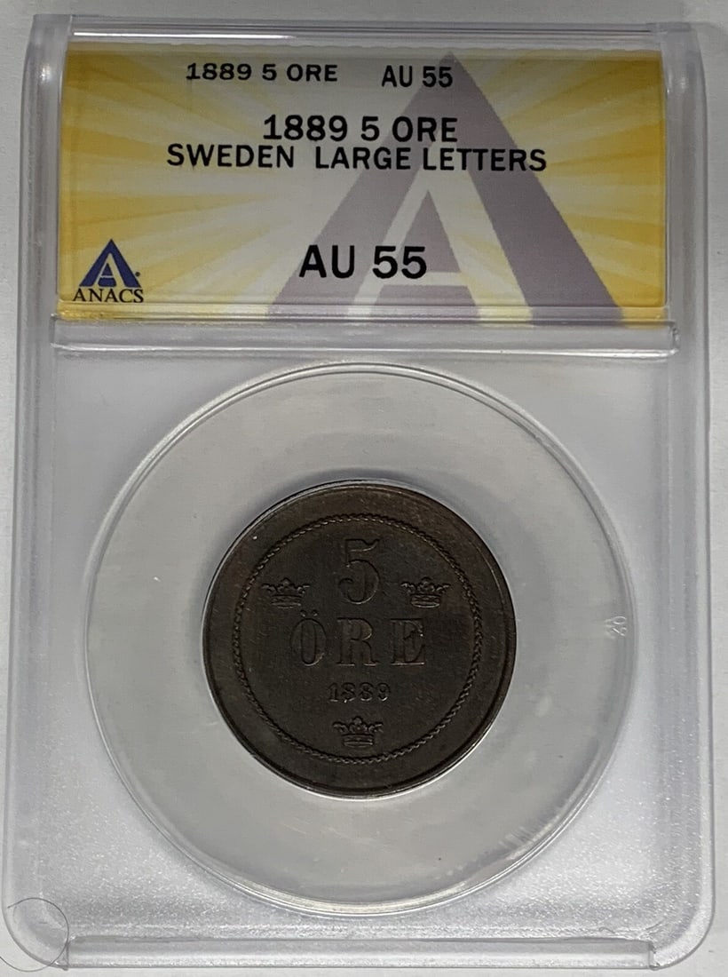 Sweden 1889 Copper 5 Ore Coin ANACS AU 55 Large Letters: Sweden 1889 Copper 5 Ore Coin ANACS AU 55 Large Letters This is an 1889 Sweden 5 Ore coin featuring large letters, composed of copper. It has been certified by ANACS with a grade of AU 55 and is in pr