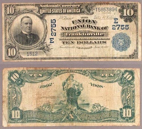 1902 Franklinville NY $10 National Bank Note Union NB Charter 2755 (1 of 1)