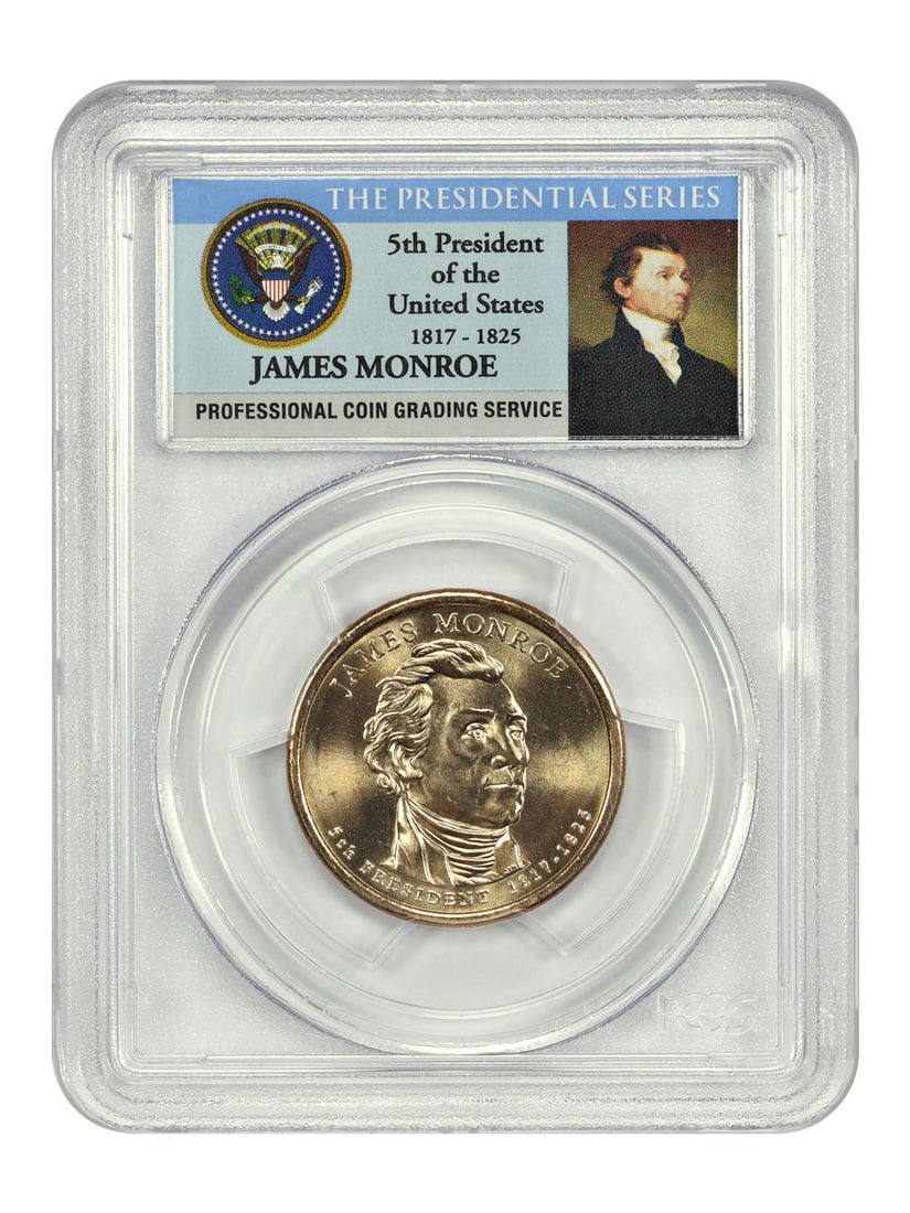 PCGS MS66 2008-P James Monroe Dollar Position B Uncirculated: PCGS MS66 2008-P James Monroe Dollar Position B Uncirculated This 2008-P $1 James Monroe Presidential Dollar is certified by PCGS with a grade of MS66 and features Position B. The coin is uncirculated