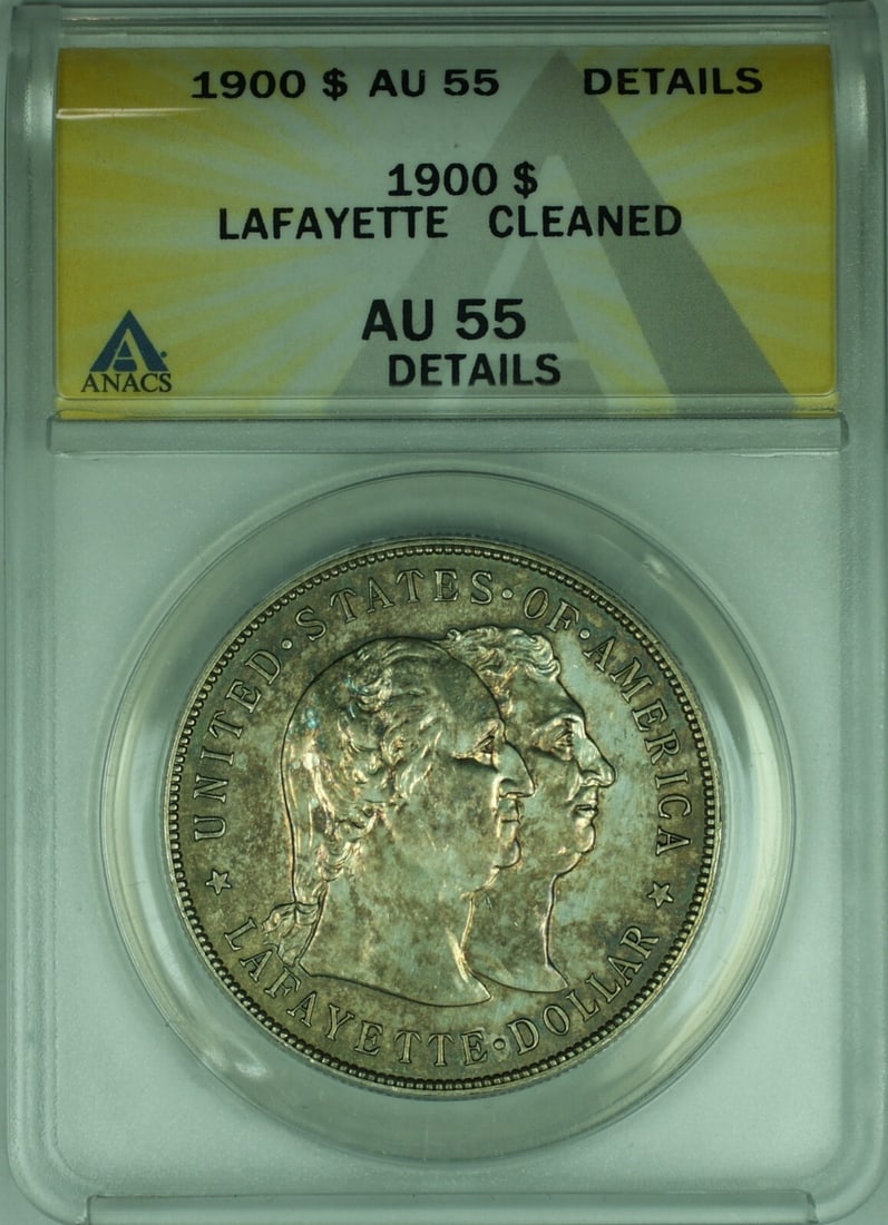 ANACS AU-55 1900 Lafayette Silver Dollar Commemorative Coin Cleaned: ANACS AU-55 1900 Lafayette Silver Dollar Commemorative Coin Cleaned This 1900 Lafayette Commemorative Silver Dollar is a pre-owned $1 coin minted in Philadelphia. It is composed of .900 fine silver an