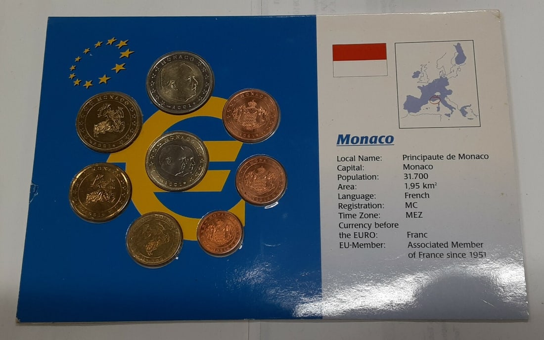 Eight-Coin Monaco Euro Set 2001 Uncirculated in Card: Eight-Coin Monaco Euro Set 2001 Uncirculated in Card This 2001 Monaco 8-piece uncirculated Euro coin set includes each denomination from 1 Euro Cent to 2 Euros. The coins are sealed in an informationa