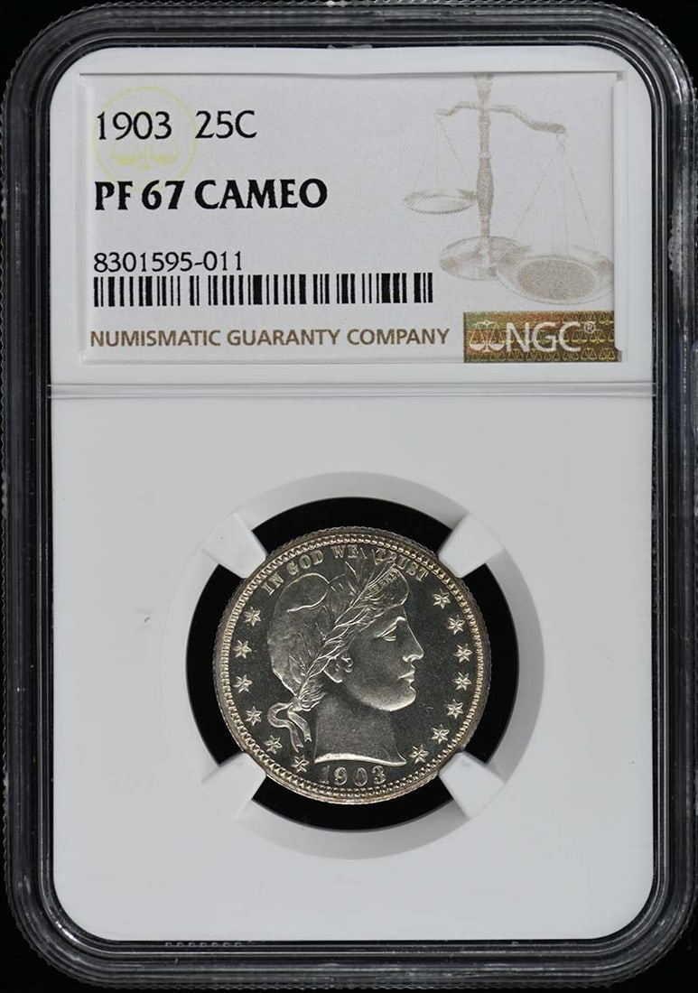 1903 Barber Quarter 25C NGC PR67CAM Proof Coin: 1903 Barber Quarter 25C NGC PR67CAM Proof Coin This 1903 Barber Quarter is certified by NGC with a PR67CAM grade, indicating its exceptional quality and eye-catching cameo contrast. Struck in Philadel