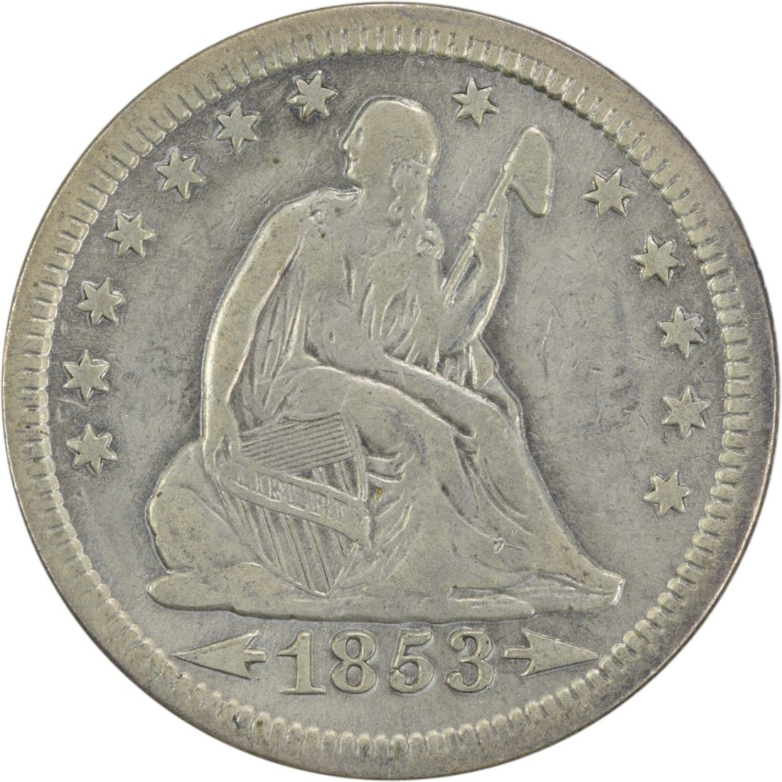 1853 Liberty Seated Silver Quarter 25C VF Uncertified US Coin: 1853 Liberty Seated Silver Quarter 25C VF Uncertified US Coin This 1853 Liberty Seated Silver Quarter features the design of Robert Ball Hughes and Christian Gobrecht. Struck in Philadelphia, this coi