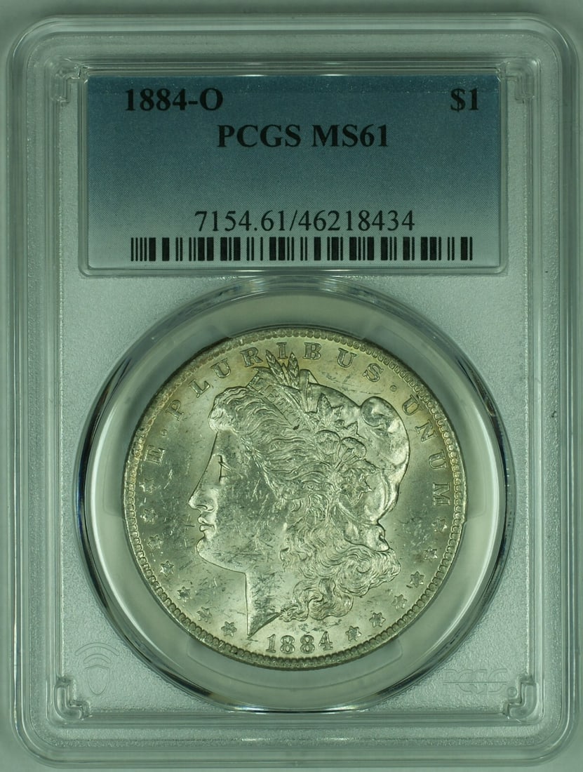 PCGS MS61 1884-O Morgan Dollar Uncirculated Silver New Orleans Mint: PCGS MS61 1884-O Morgan Dollar Uncirculated Silver New Orleans Mint This is an 1884-O Morgan Silver Dollar from the United States, graded MS-61 by PCGS. Struck at the New Orleans mint, this uncirculat