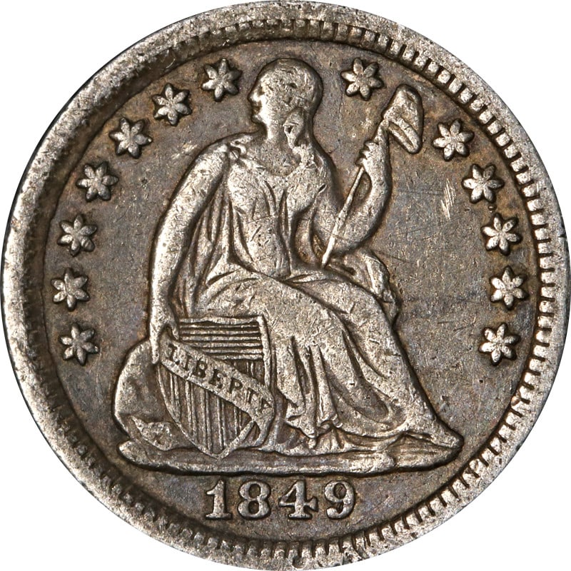1849 Over 6 P Mint Silver Seated Liberty Half Dime Coin (1 of 2)