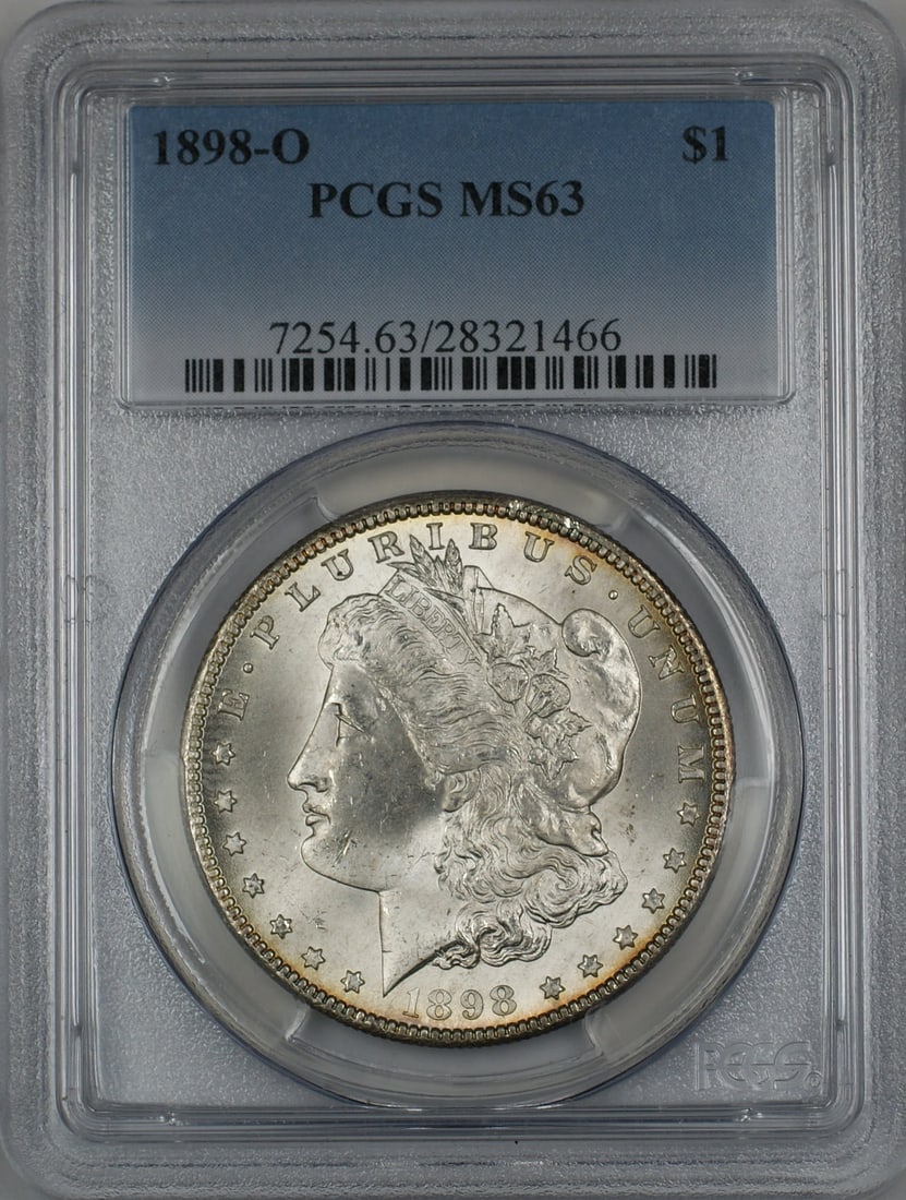 PCGS MS63 1898-O New Orleans Morgan Silver Dollar Uncirculated $1 Coin: PCGS MS63 1898-O New Orleans Morgan Silver Dollar Uncirculated $1 Coin This 1898-O Morgan Silver Dollar is graded MS-63 by PCGS, indicating its uncirculated condition. Minted in New Orleans, the coin