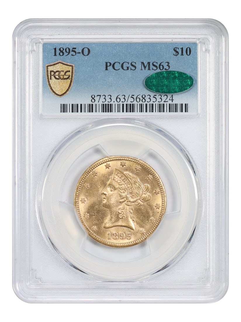 PCGS CAC MS63 1895-O Liberty Head $10 Gold Coin New Orleans Mint: PCGS CAC MS63 1895-O Liberty Head $10 Gold Coin New Orleans Mint This is an 1895-O Liberty Head $10 gold coin, certified by PCGS and CAC with a grade of MS63. Struck at the New Orleans Mint, it is an